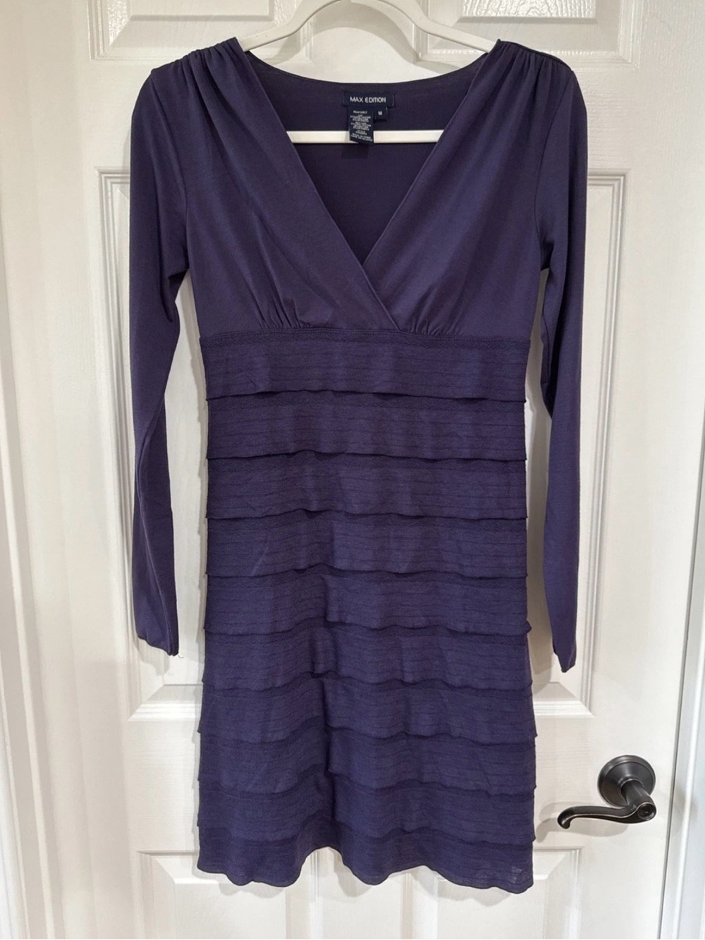 Max Edition Women's MED Long Sleeve Knee Length Tiered Ruffle Dress Purple